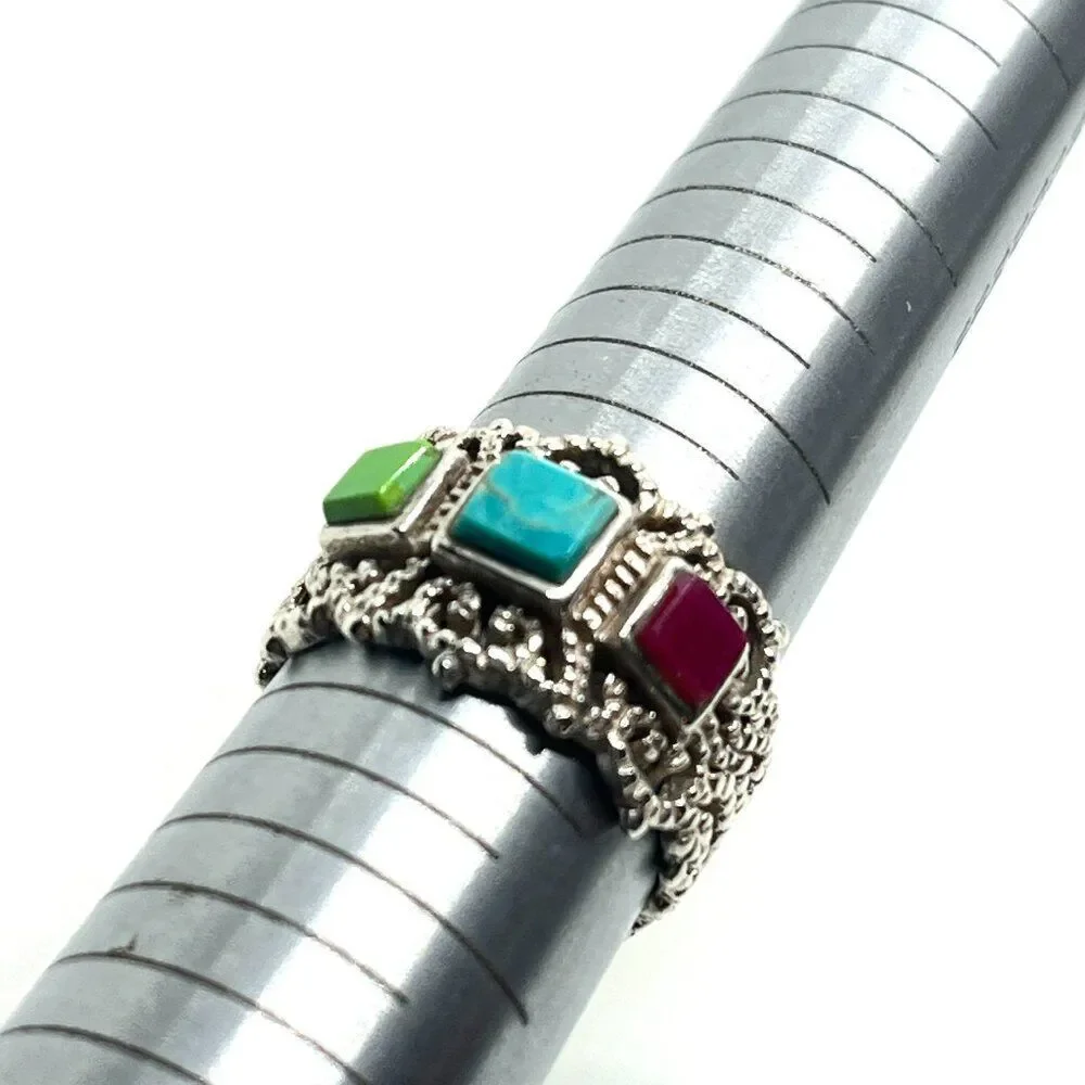 STERLING SILVER RING Multi Stone Inlay Wide Band Statement Boho Sz 8